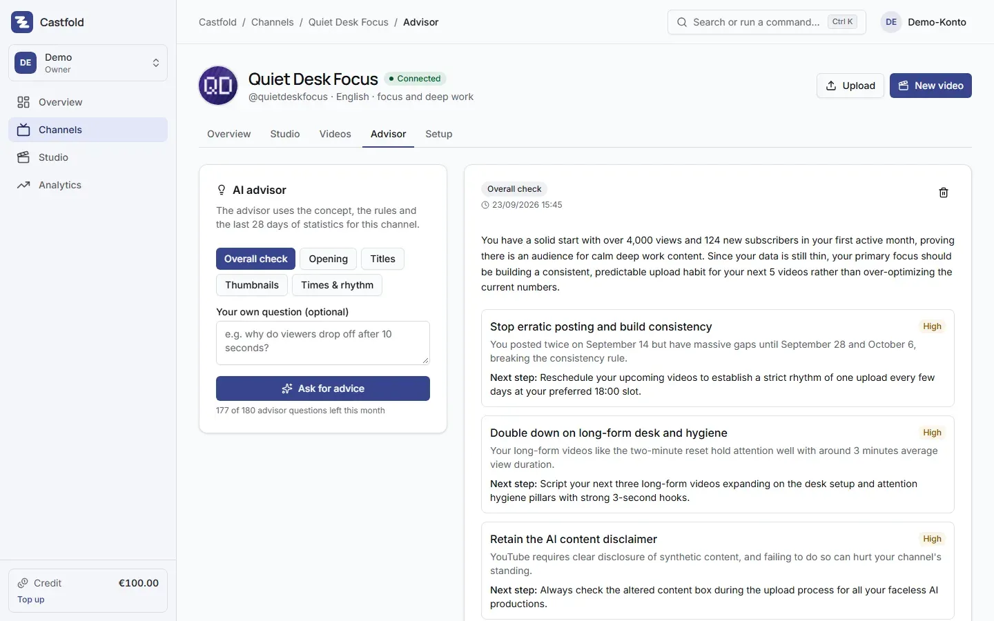 AI advisor for one channel: overall check with prioritised recommendations and a next step