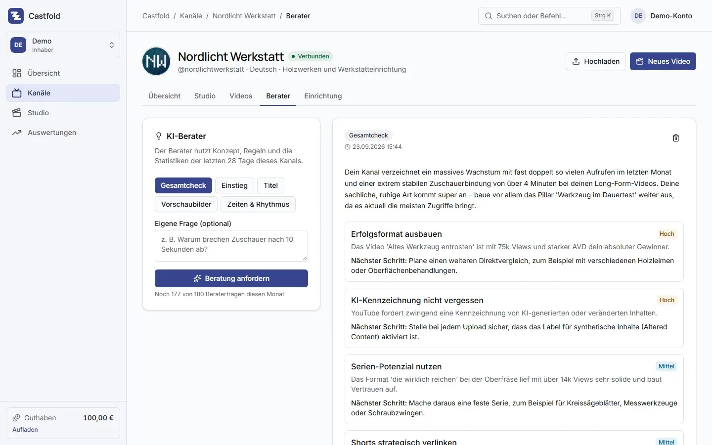 KI-Berater eines Kanals: Gesamtcheck mit priorisierten Empfehlungen und nächstem Schritt