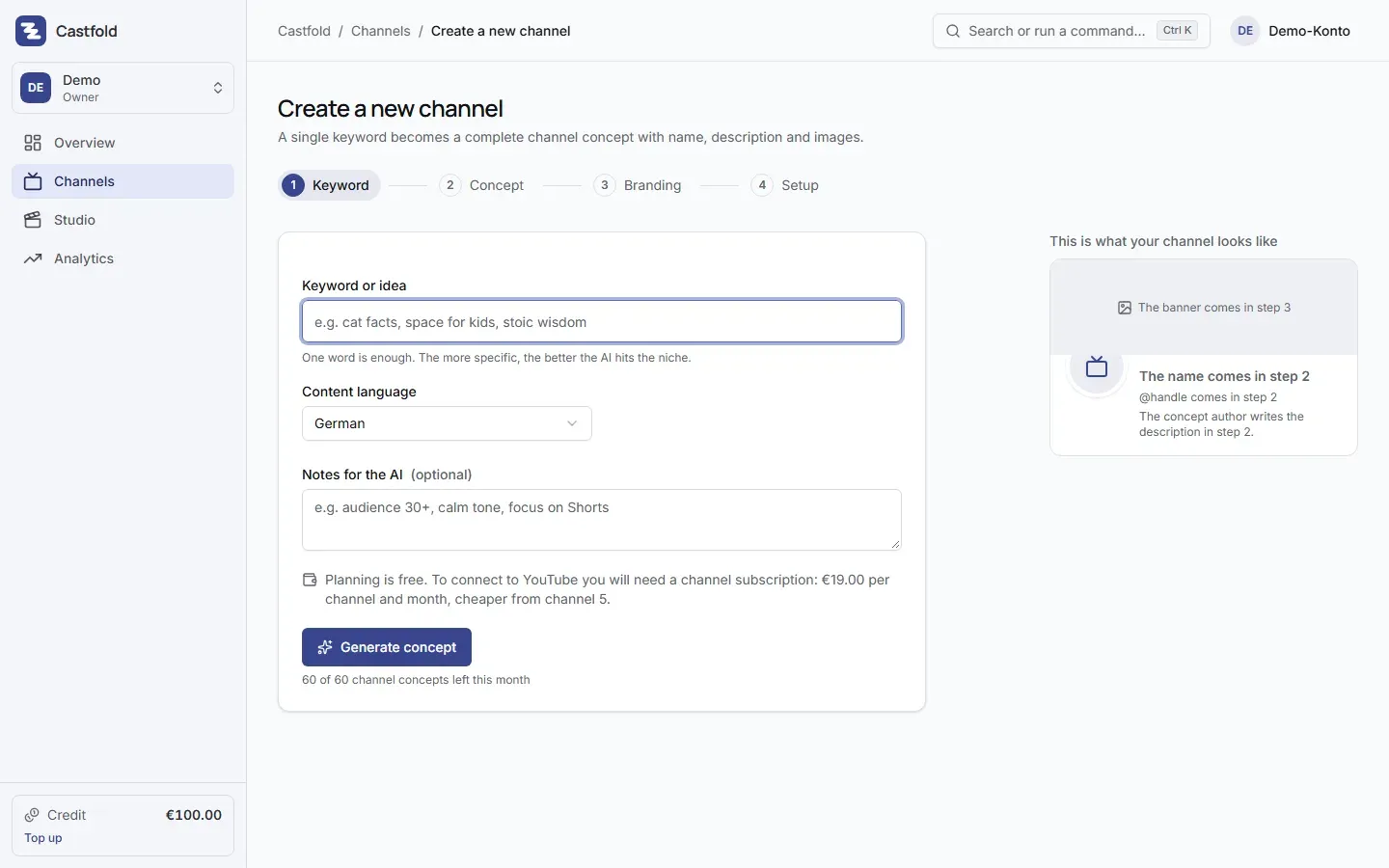 Create a new channel: a keyword becomes a channel concept with name, description and images