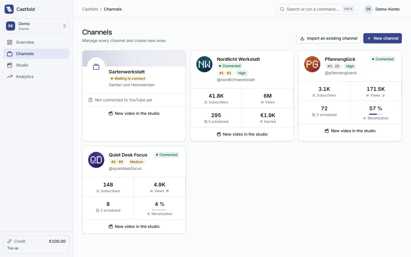Channel overview with connection status, subscribers, views and import of existing channels