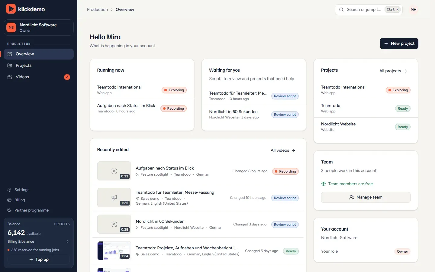 Screenshot: overview with a running exploration and recording, scripts to review and recently edited videos (demo account)