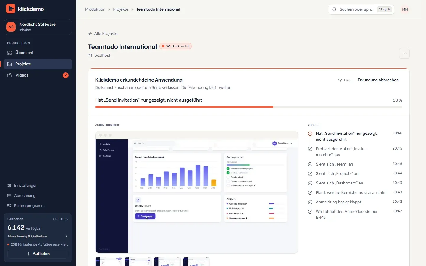Screenshot: Erkundung einer Web-App mit zuletzt gesehener Seite; der Verlauf zeigt, dass eine Einladung nur gezeigt, nicht ausgeführt wurde (Demo-Konto)
