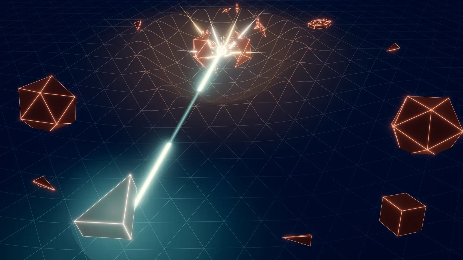 RAYBREAKER key art: the ship fires a bright beam across the glowing grid into a crater where enemies shatter, while more enemies close in from every side.