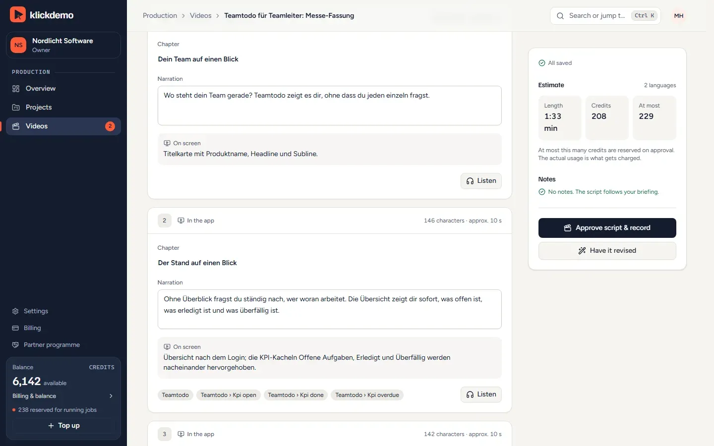 Screenshot: script scenes with chapter, narration and screen action, each scene can be played back (demo account)