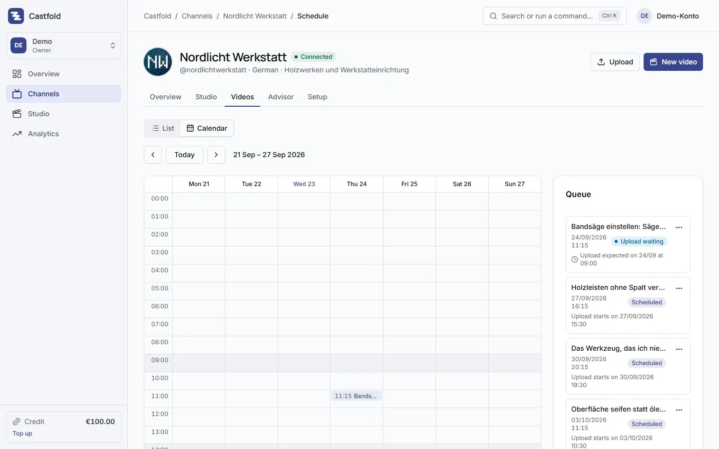 Scheduling for one channel: weekly calendar and queue of scheduled uploads