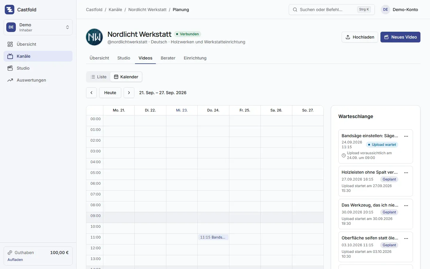Planung eines Kanals: Wochenkalender und Warteschlange der geplanten Uploads