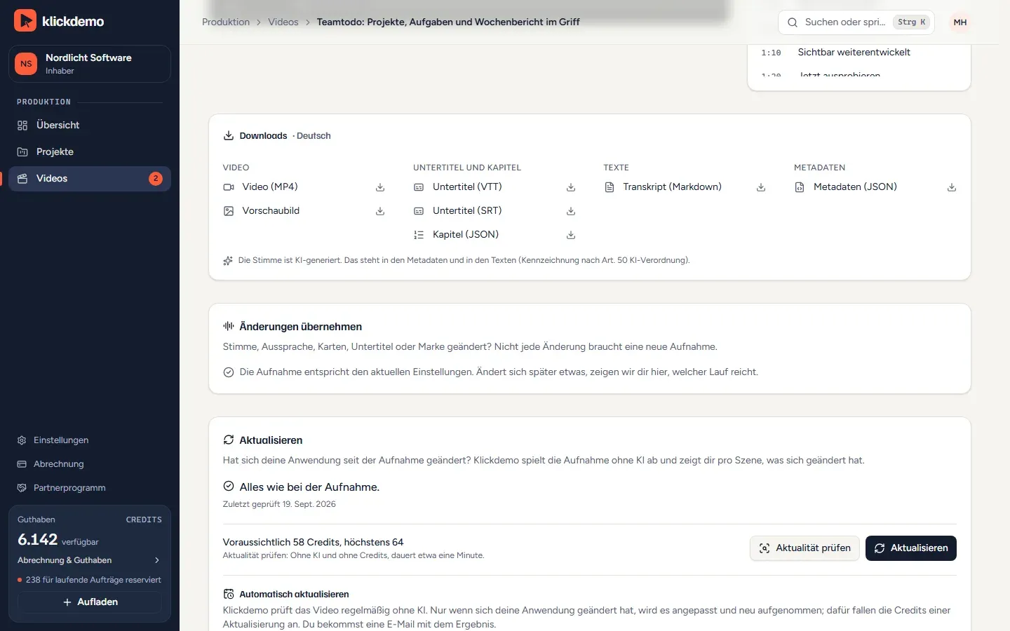 Screenshot: Downloads zu einem Video (MP4, Untertitel VTT und SRT, Kapitel, Transkript, Metadaten) und Aktualisierung nach einer Änderung der Anwendung (Demo-Konto)