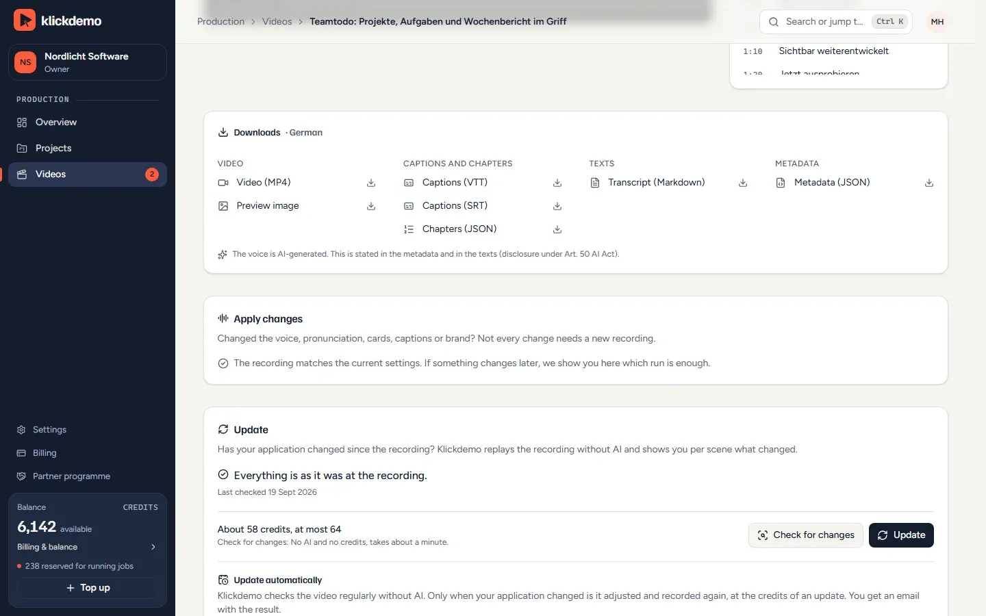 Screenshot: downloads for a video (MP4, VTT and SRT captions, chapters, transcript, metadata) and an update after the application changed (demo account)
