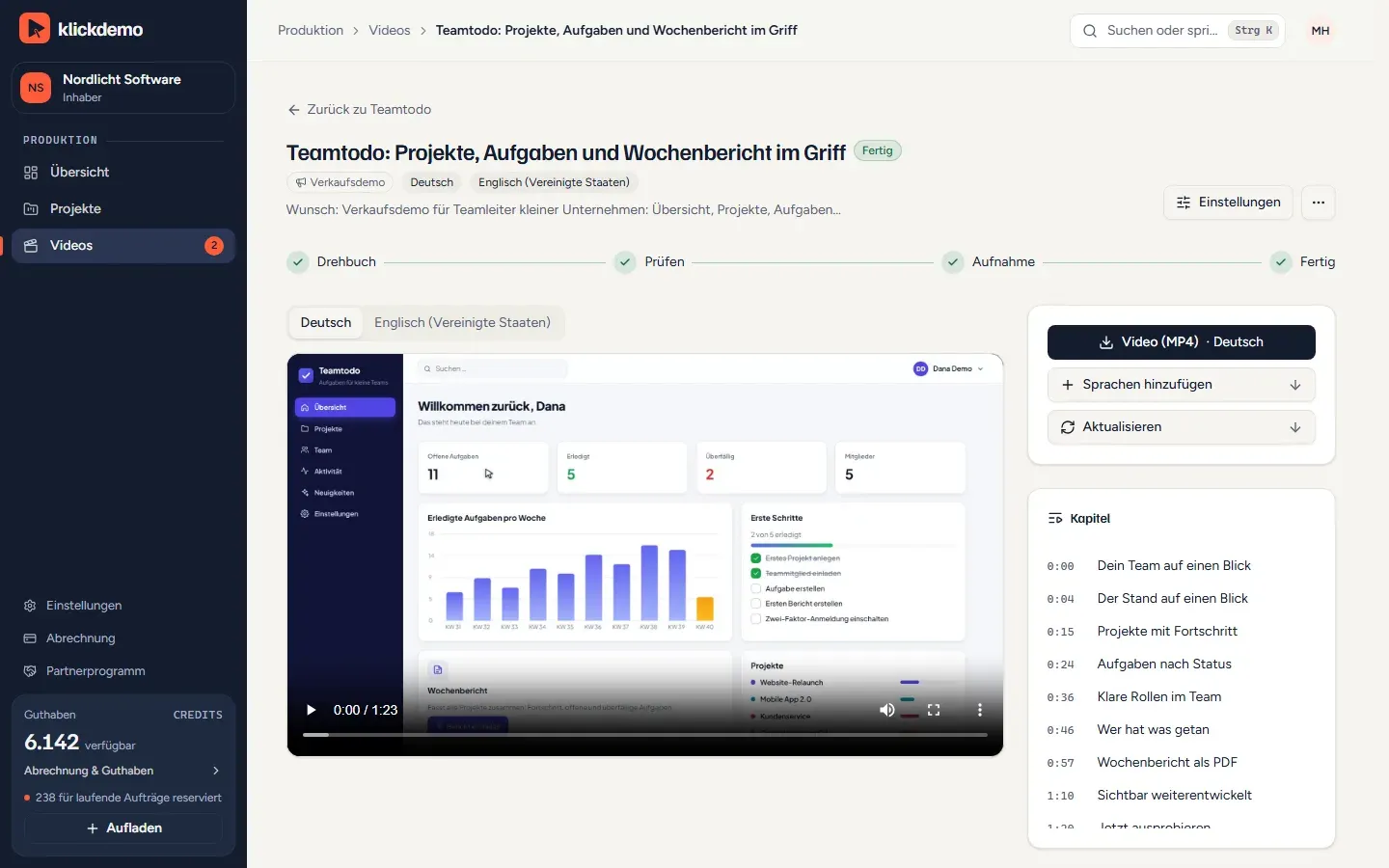 Screenshot: fertiges Verkaufsdemo-Video in Klickdemo mit Player, Sprachfassungen Deutsch und Englisch und Kapitelliste (Demo-Konto)