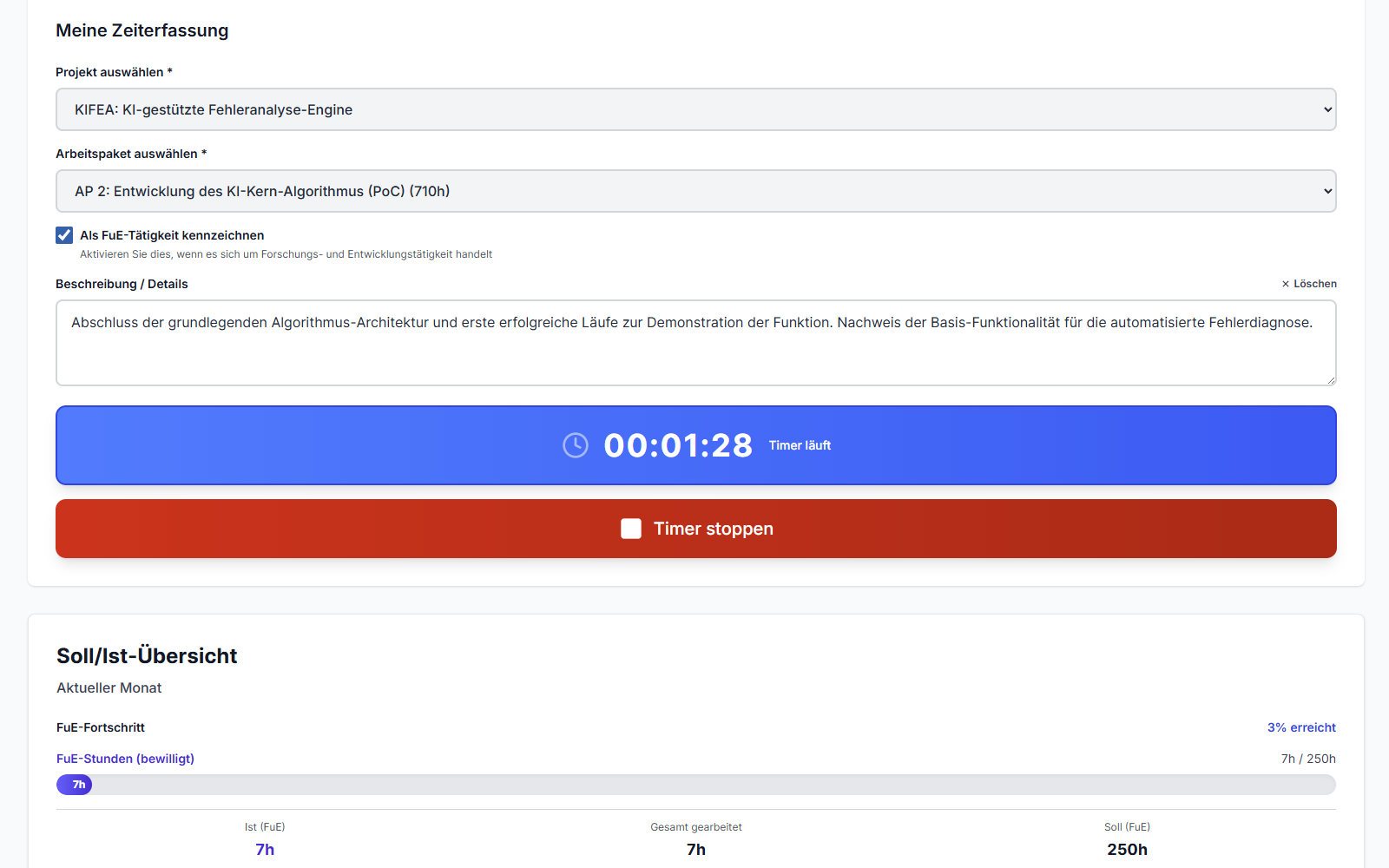 R&D Timesheets – Start/Stop Timer Widget